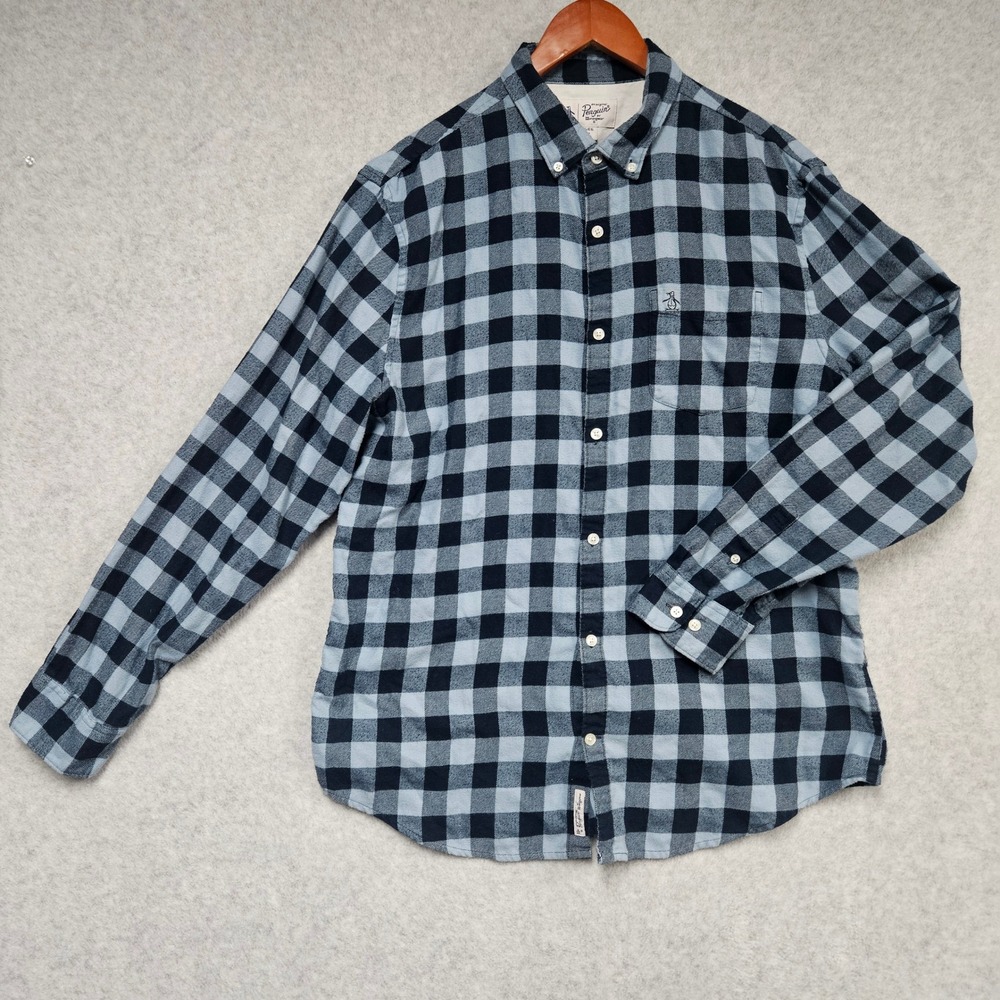 Original Penguin Shirt Mens XL Blue Black Buffalo Check Flannel Button Down